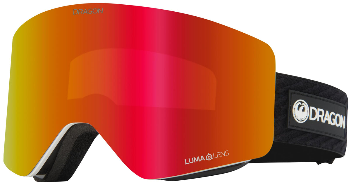 Orange-red mirrored snow goggles with black OTG strap and Luma lens mark