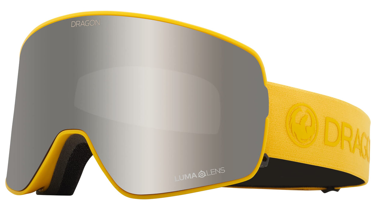 Snow goggles with silver-to-gray lens and bright yellow frame and strap
