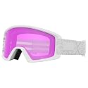 White snow goggles with purple lens and patterned strap, angled view