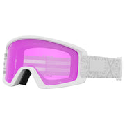 White snow goggles with purple mirrored lens and white patterned strap