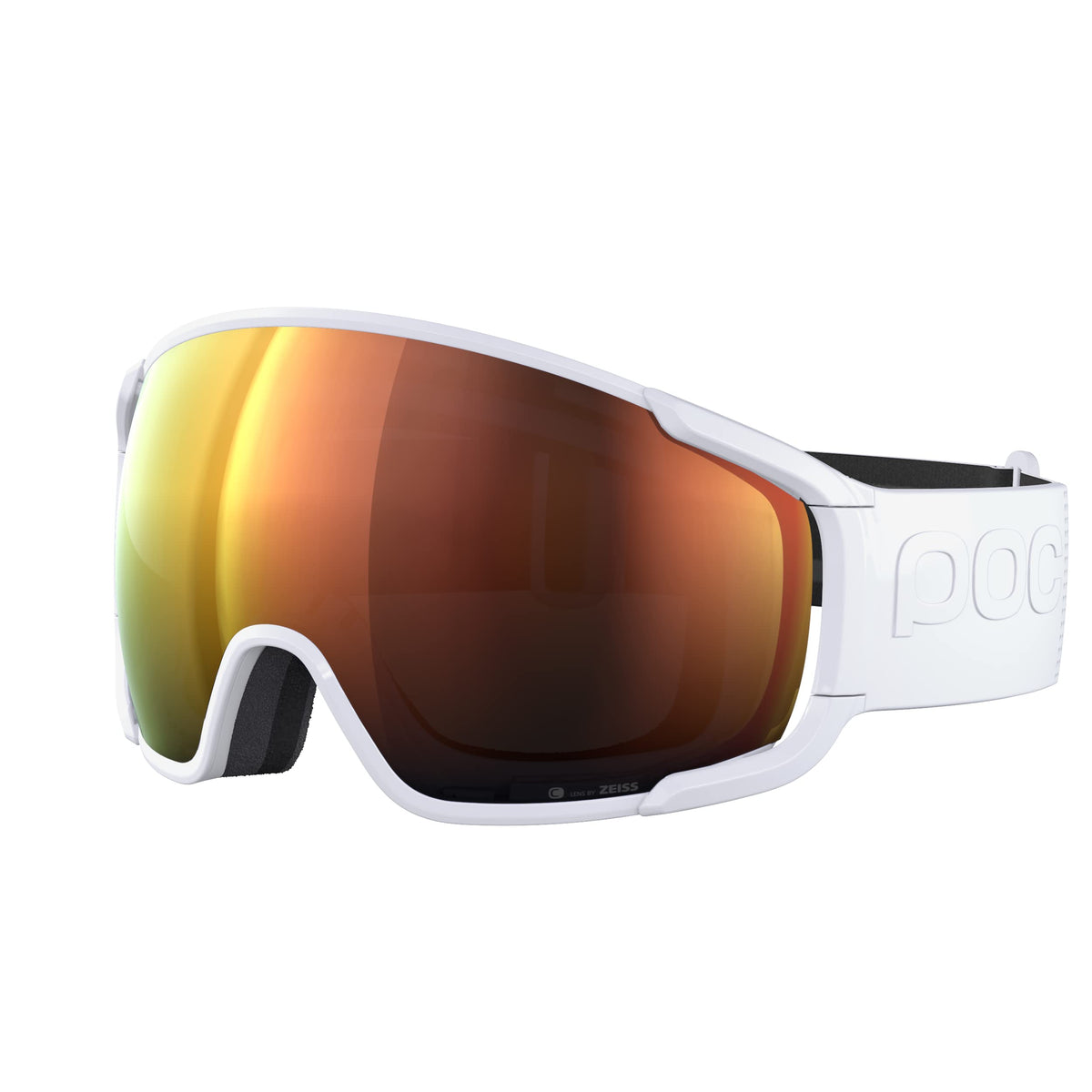 White ski goggles with orange mirrored lens and black side frame