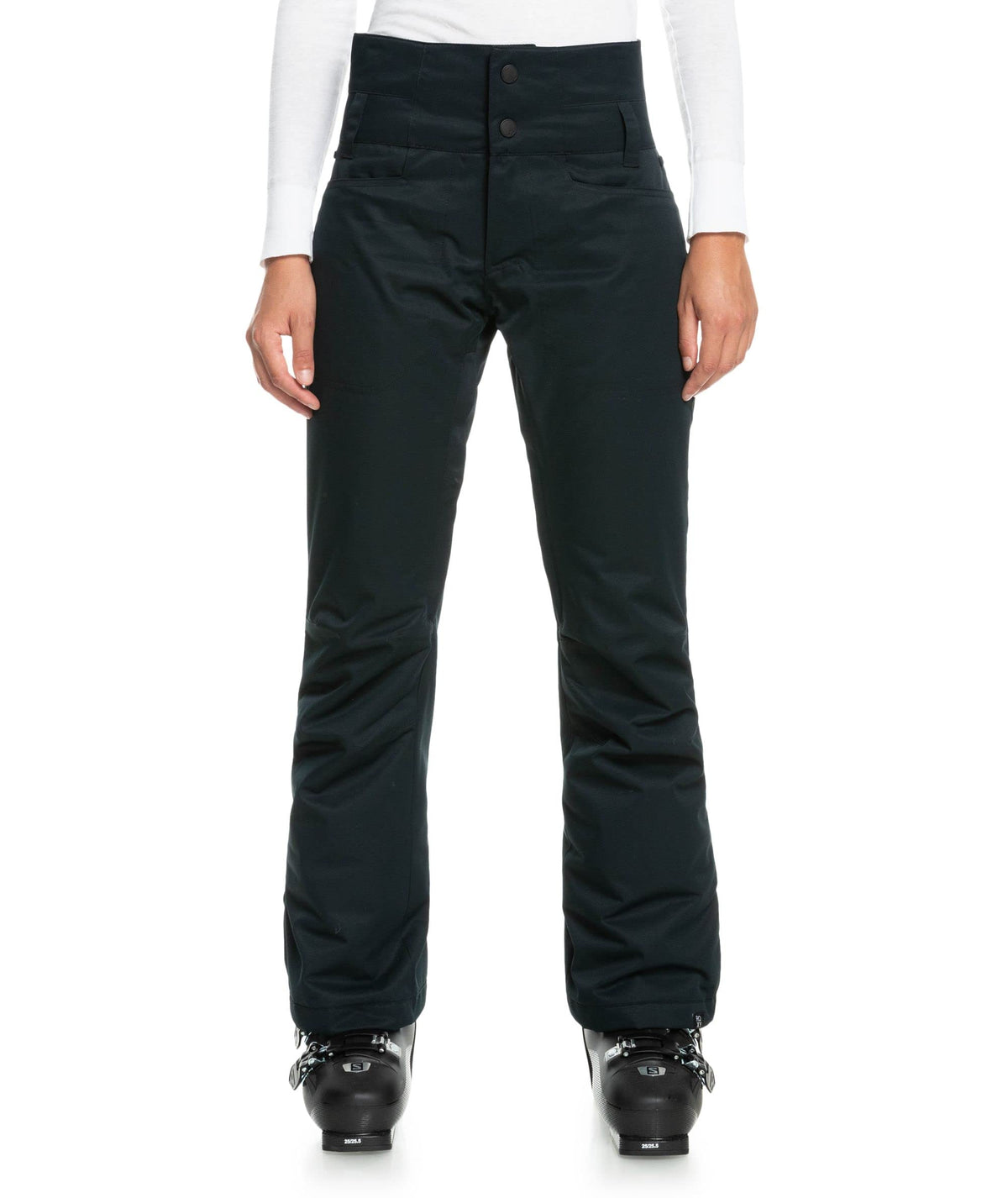 Women's black snow pants with zip fly and button front, straight full-length legs