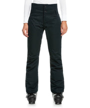 Women's black snow pants with zip fly and button front, straight full-length legs