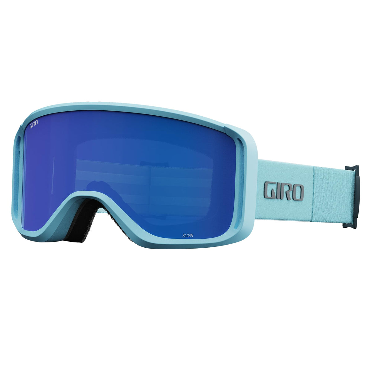 Snow goggles with light blue frame, blue mirrored lens, and Giro logo on strap