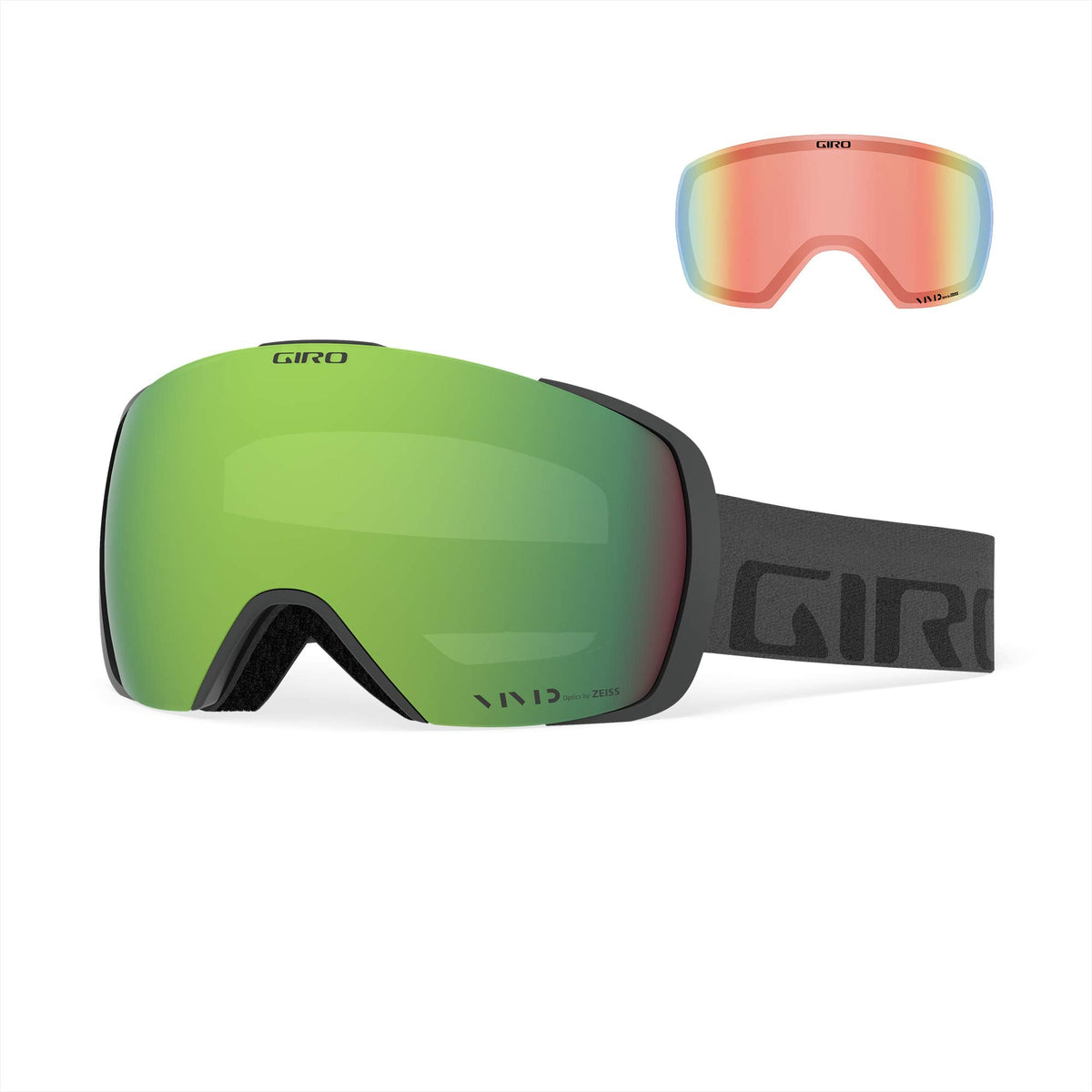 Giro snow goggles with green-tinted lens and dark frame, ski goggles with foam seal
