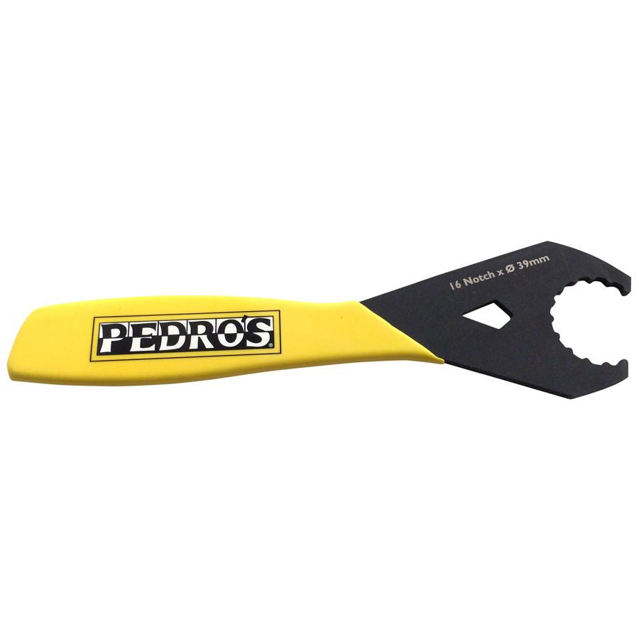 Bottom bracket wrench with Pedro's logo, 16-notch x 89mm, black and yellow