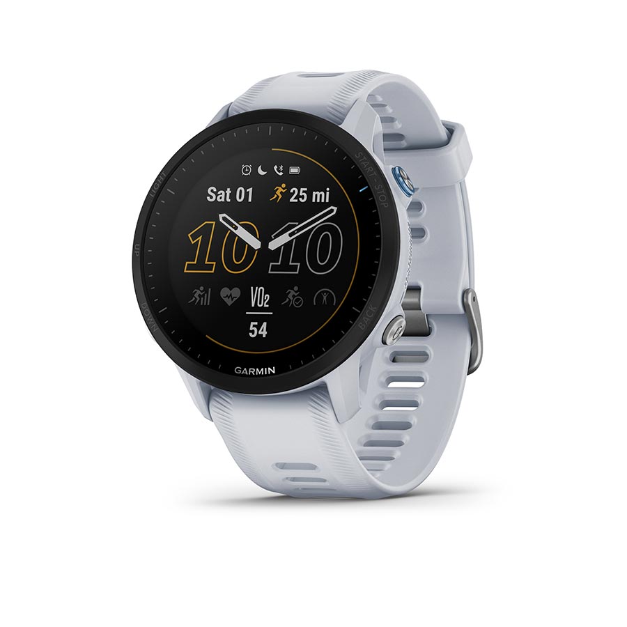 Garmin Forerunner 955 smartwatch with light gray silicone strap and black display