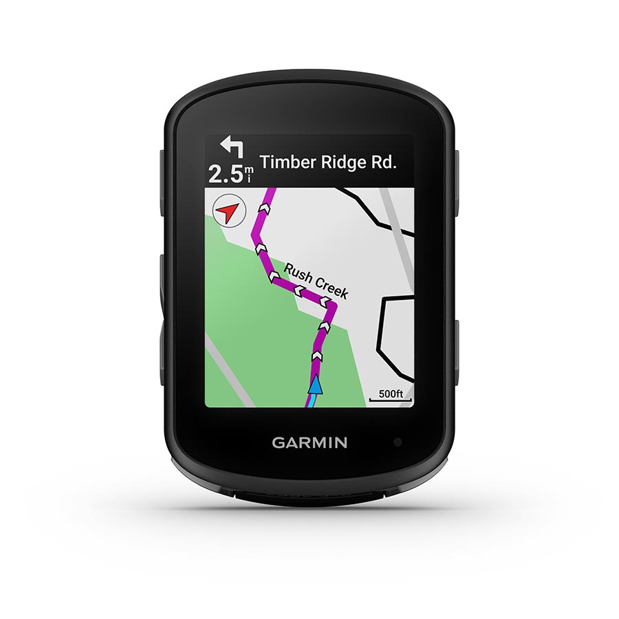 Garmin GPS bike computer with black touchscreen showing route map