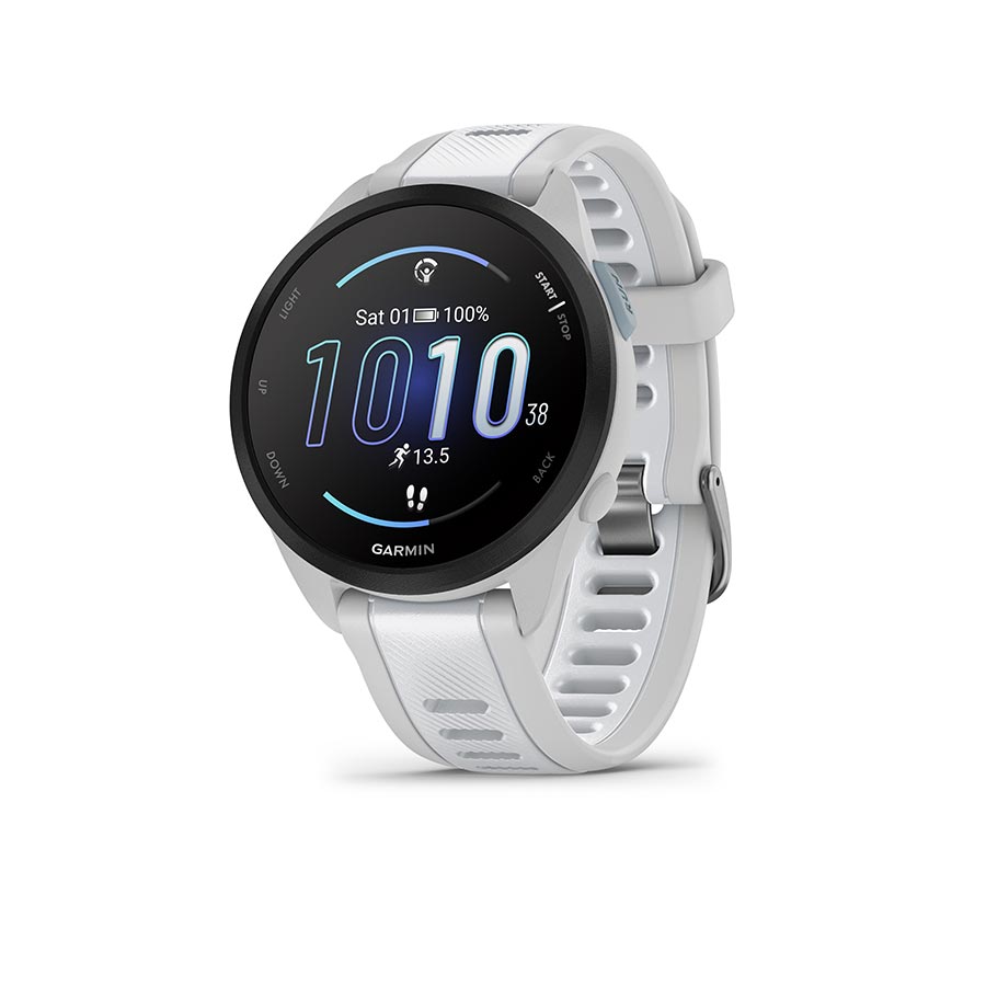 Garmin Forerunner 165 running watch with light gray silicone strap and dark round display