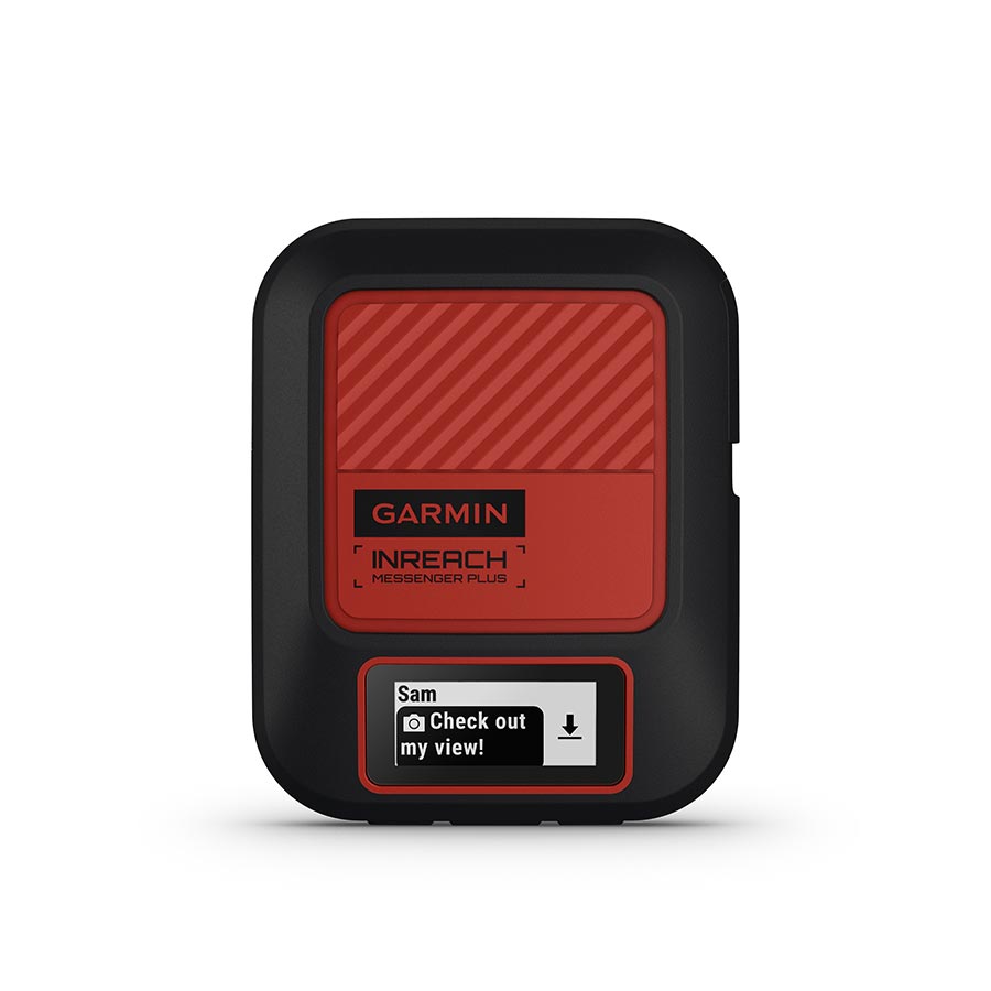 Garmin inReach Messenger Plus satellite communicator with black casing, red screen and message panel
