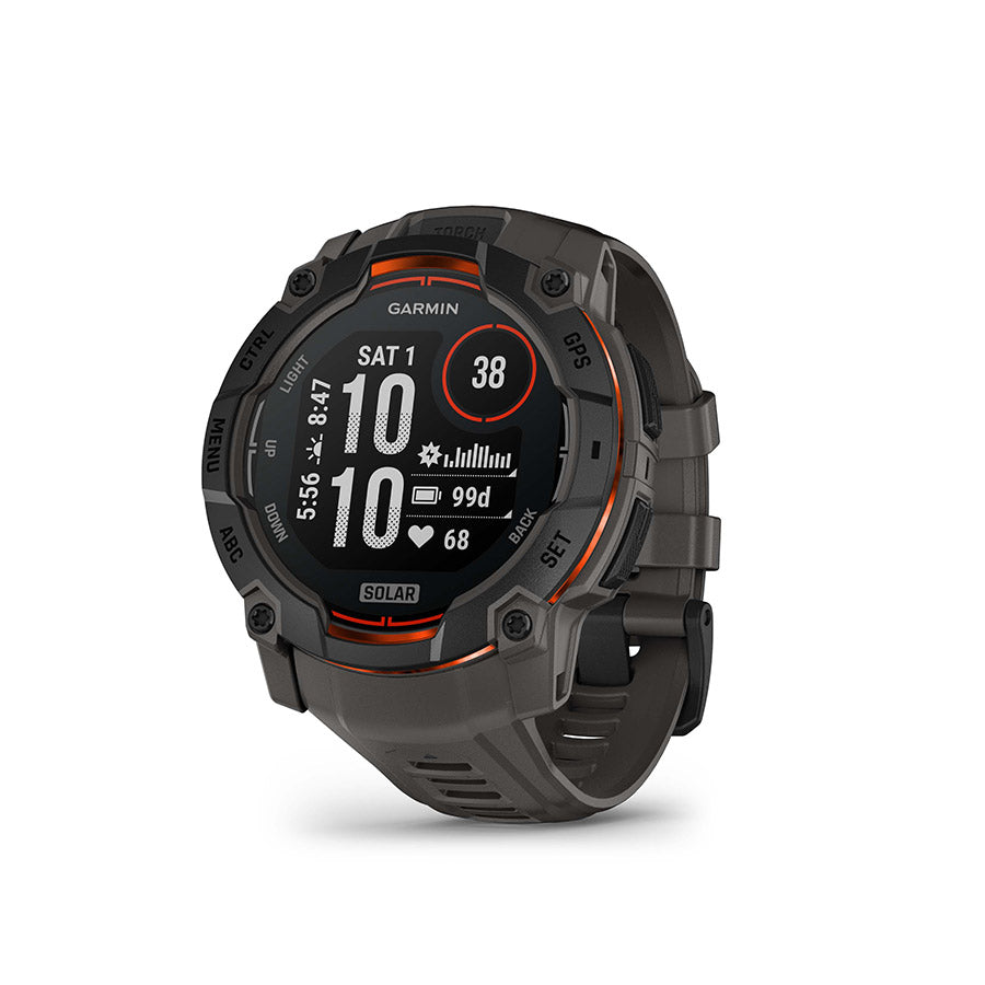 Black charcoal GPS smartwatch with solar charging, round rugged design and strap