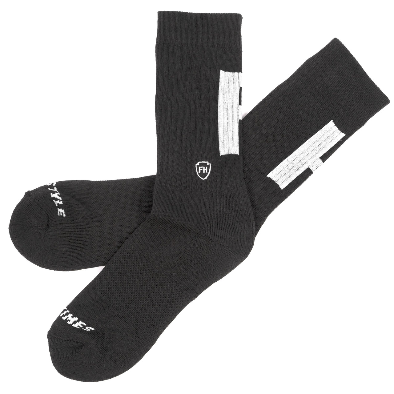 Fasthouse crew performance socks, black with FH logo and white stripe accents