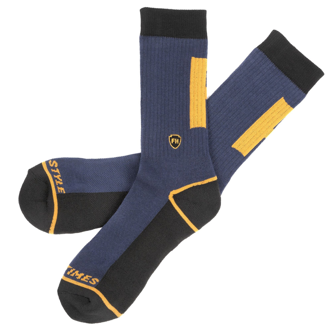 Fasthouse crew performance socks, midnight navy with FH logo and yellow stripe accents