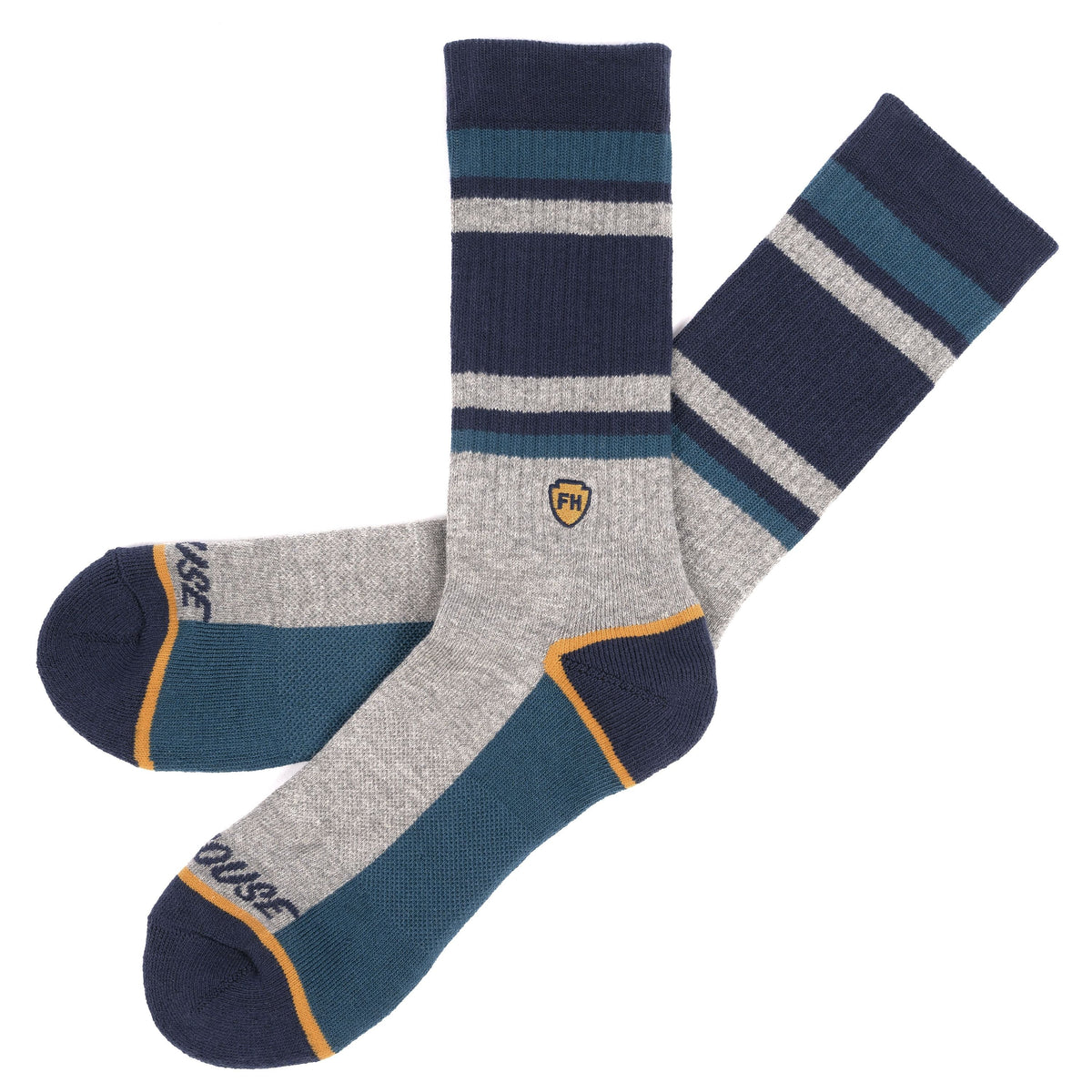 Fasthouse performance crew socks, heather gray and navy with teal accents and stripes