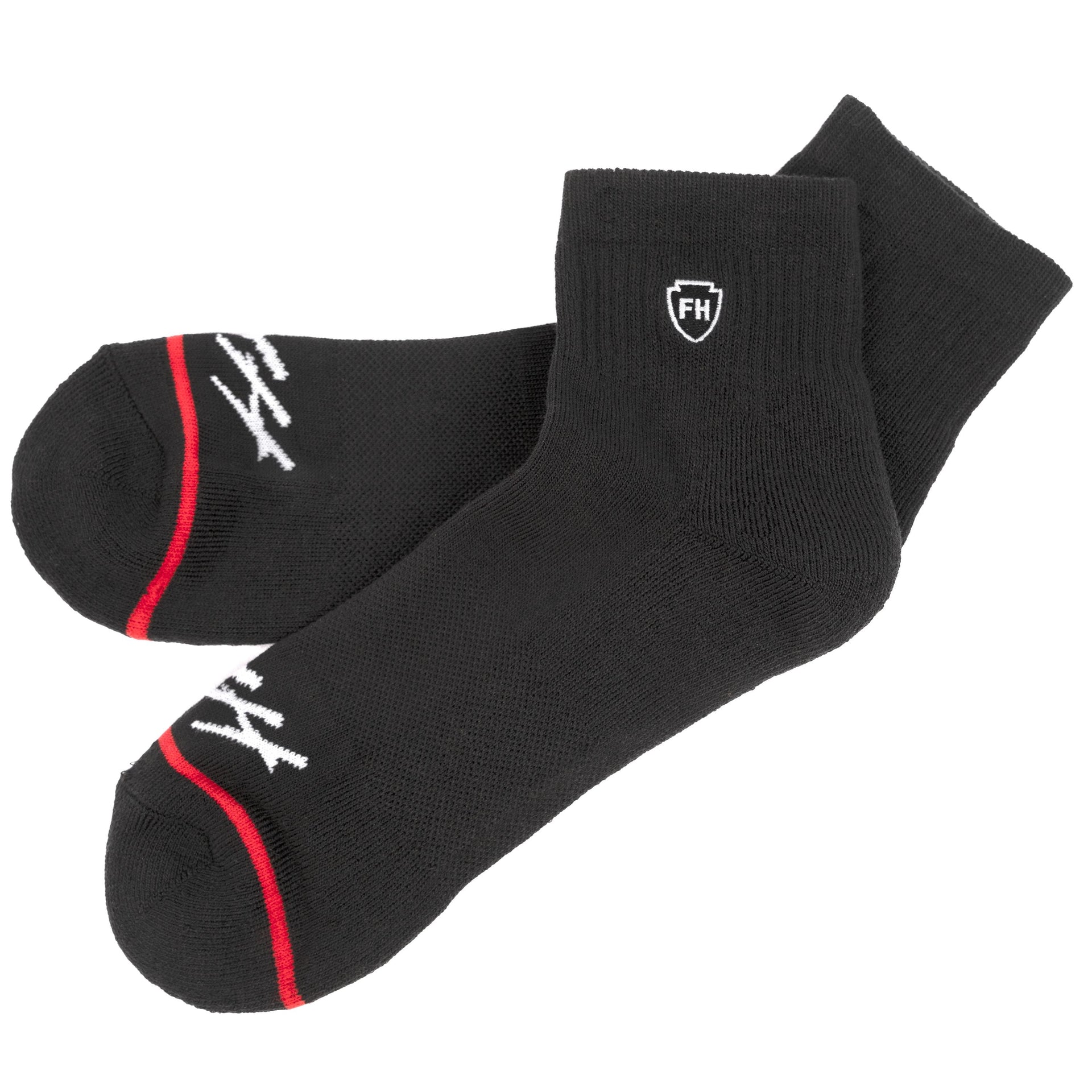 Black ankle performance socks with red logo stripe and FH crest