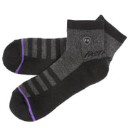 Performance ankle socks in heather gray and dark with striped panels and purple accent line