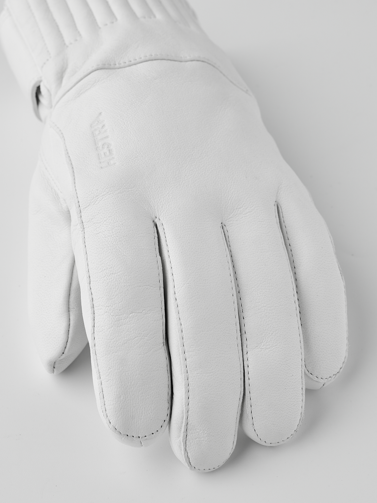 Hestra Idre wool gloves, white leather style with stitched finger panel and logo