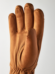Tan leather gloves with smooth palm panel and stitched thumb webbing