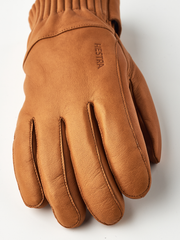 Hestra Idre wool gloves, tan/brown leather style with ribbed knit cuff and logo