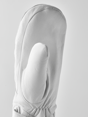 White wool mitten with rounded finger shape and ribbed cuff at wrist