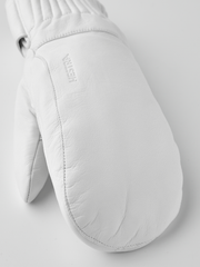 White wool mittens with textured leather palm and stitched side seams