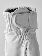 White wool mittens with ribbed cuff and stitched leather back panel