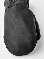 Black wool mittens with textured leather-look palms and elastic wrist cuff