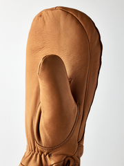Brown wool mittens with textured leather exterior and oval thumb panel