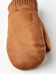 Brown wool mittens with ribbed cuff and stitched leather palm panel