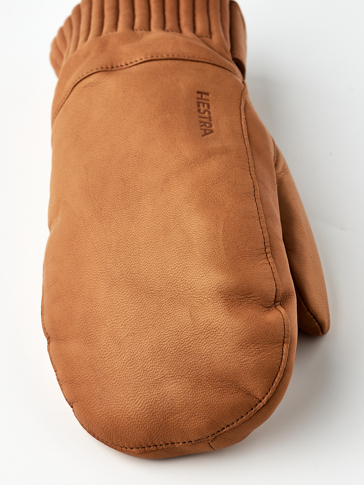 Brown wool mittens with ribbed cuff and stitched leather palm panel