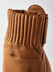 Cognac brown wool mittens with ribbed finger gussets and cuff