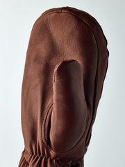Brown leather-look wool mittens with insulated thumb and ribbed cuff