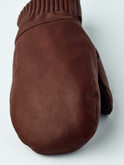 Brown wool mittens with textured leather-look palms and ribbed knit wrist cuff