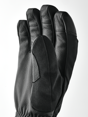 Black leather powder short gloves with stitched fingers and textured wrist