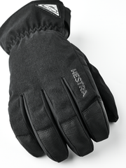 Black short gloves with Hestra logo patch and padded knuckles