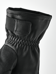 Black powder short gloves with leather strap cuff and quilted wrist