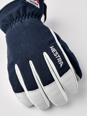 Navy short powder gloves with white fingertips and Hestra logo patch