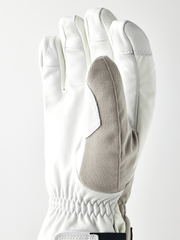 White powder short gloves with gray leather palm panel and knit wrist