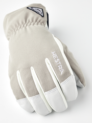 Beige and white short gloves with Hestra logo patch on back