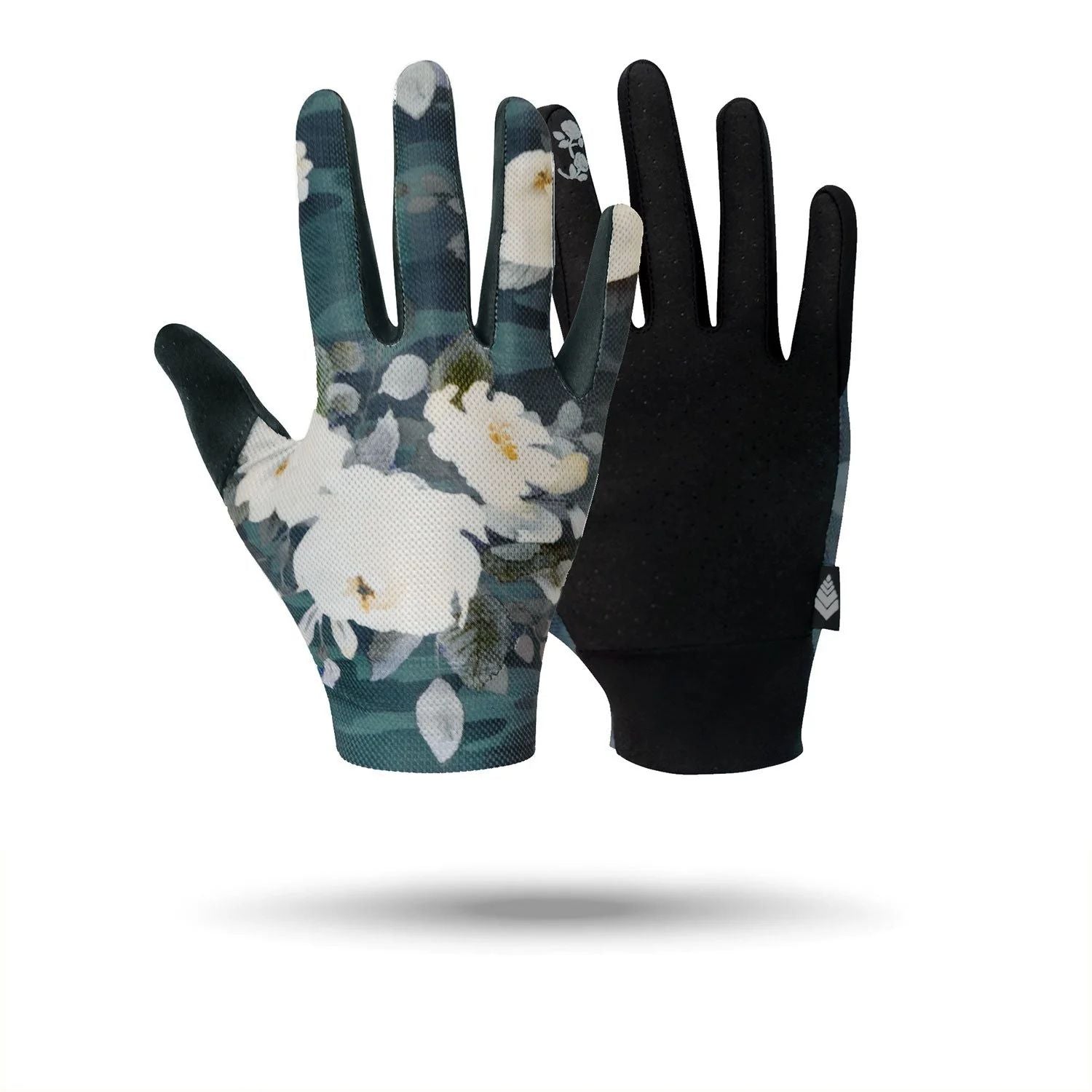 Pair of women's gloves: teal floral knit and black solid back with small logo patch