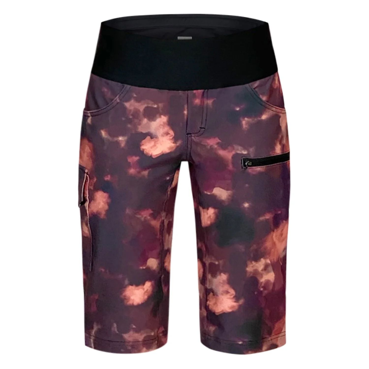 Women’s high-rise stretch shorts, maroon/pink cloud print with black waistband