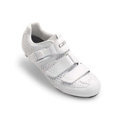 Matte white cycling shoe with perforated panels and two hook-and-loop straps