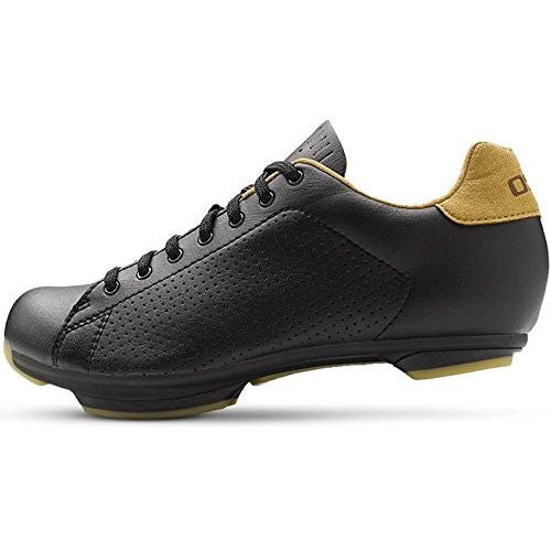 Women’s black lace-up shoe with perforated toe, gum outsole, and tan heel patch