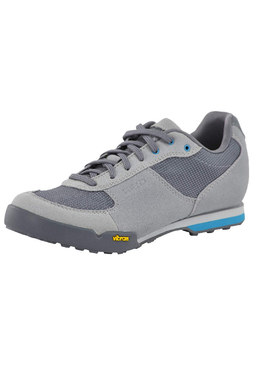 Giro women's Petra VR shoe, gray with blue accents, lace-up trail sneaker