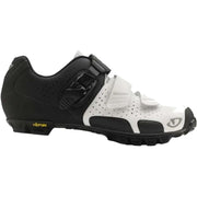 Giro women’s cycling shoe in white with matte black buckle strap and grippy outsole