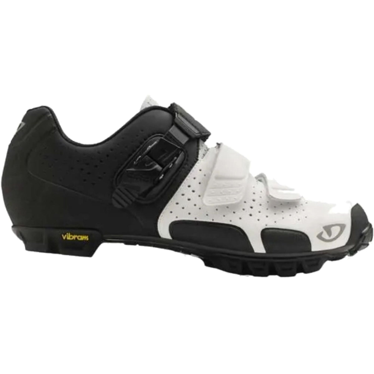 Giro women’s cycling shoe in white with matte black buckle strap and grippy outsole