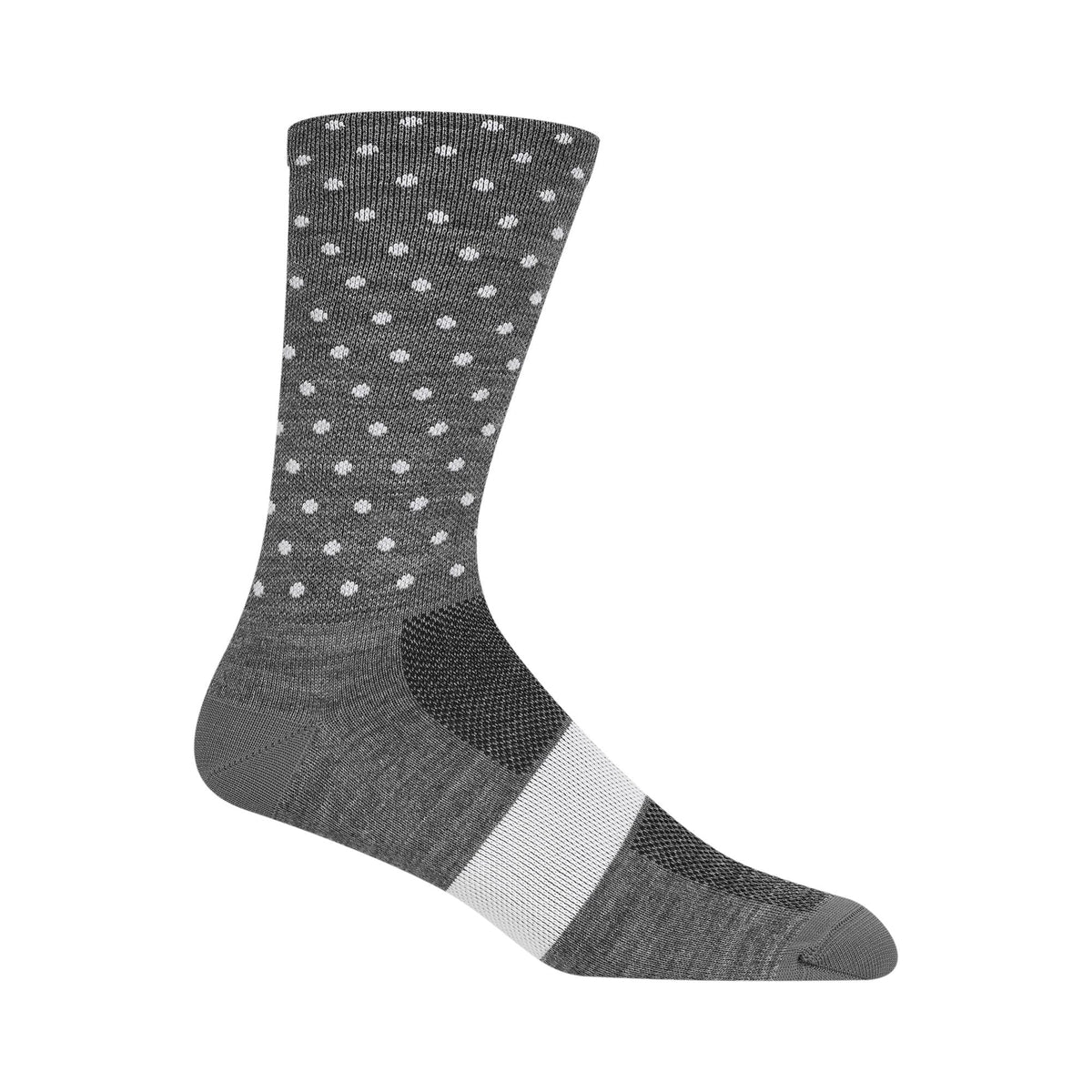 Merino wool crew sock, charcoal with white dot pattern and gray heel/toe
