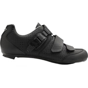 Matte black cycling shoe with perforated panels and hook-and-loop straps