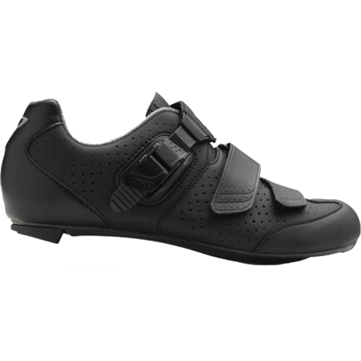 Matte black cycling shoe with perforated panels and hook-and-loop straps