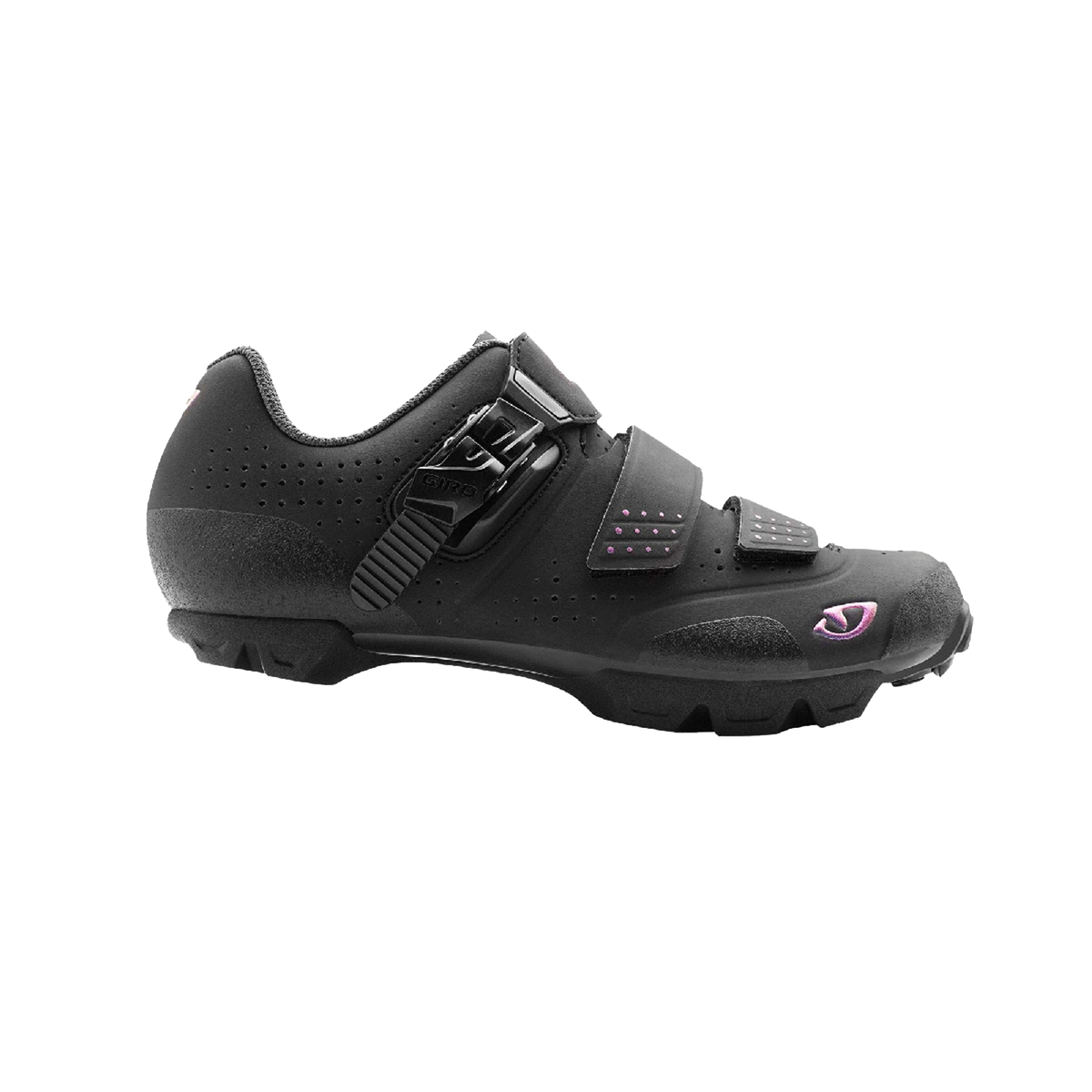 Black cycling shoe with perforations, adjustable strap, and Giro logo on side